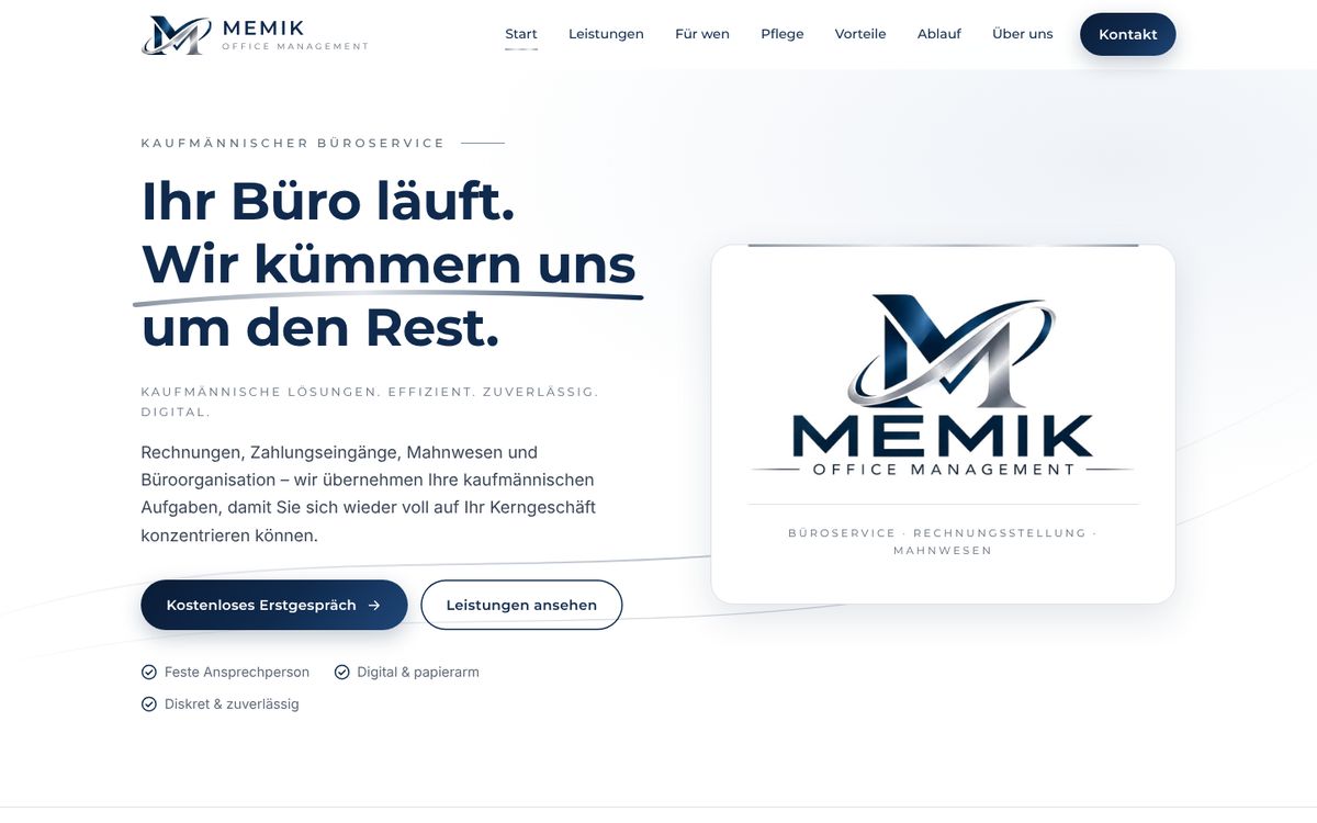 Startseite Memik Office Management am Desktop